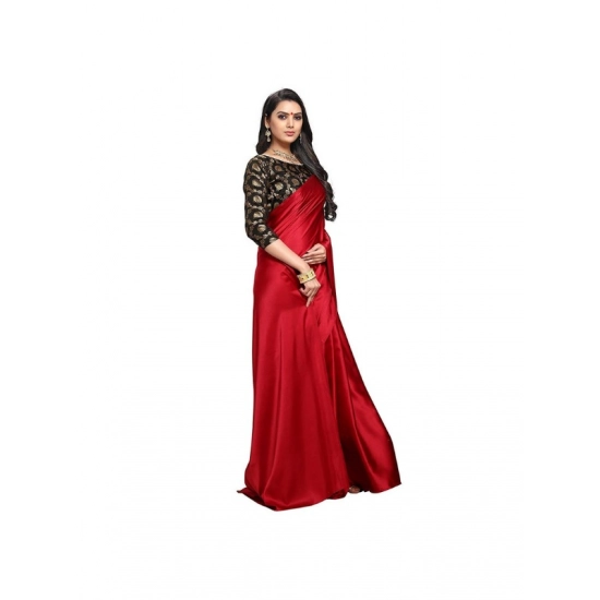Generic Women's Satin Solid Saree With Unstitched Blouse 5.5Mtr (Red)