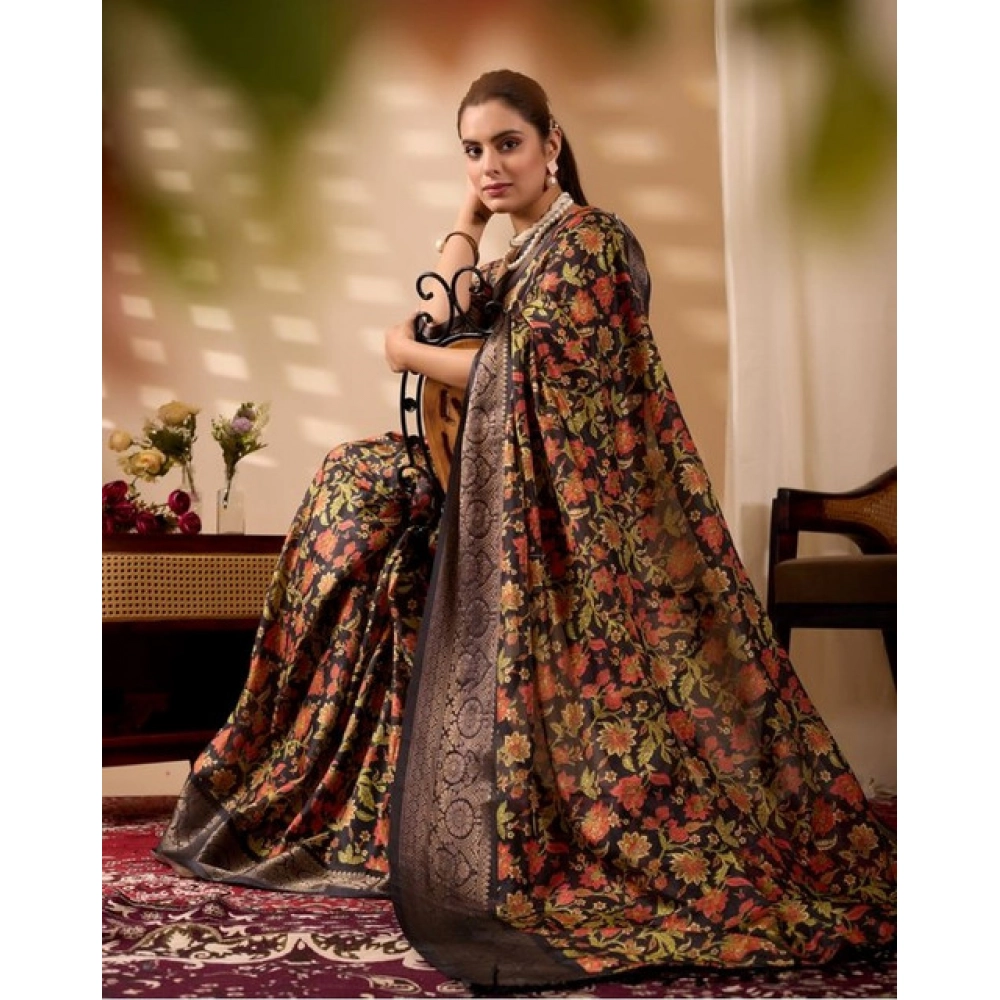 Generic Women's Faux_Banarasi Printed Saree With Unstitched Blouse 5.5Mtr (Black)