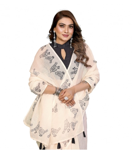 Generic Women's Linen Cotton Printed Saree With Unstitched Blouse 5.5Mtr (Off White)