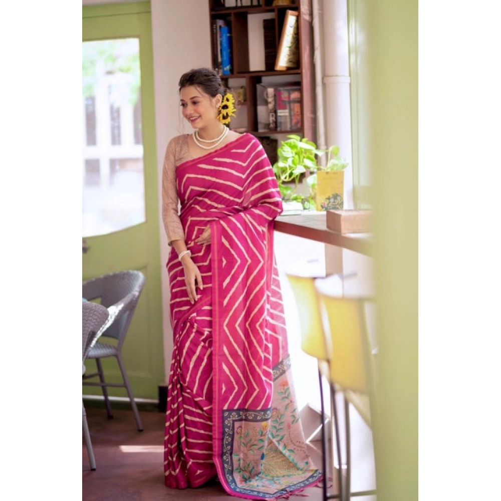 Women's Faux_Tussar_Silk Geometric_Print Saree With Unstitched Blouse 5.5Mtr (Light_Pink)