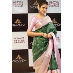 Women's Litchi silk Printed Saree With Unstitched Blouse (Green)
