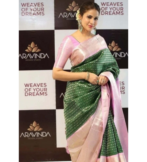 Generic Women's Litchi silk Printed Saree With Unstitched Blouse (Green)
