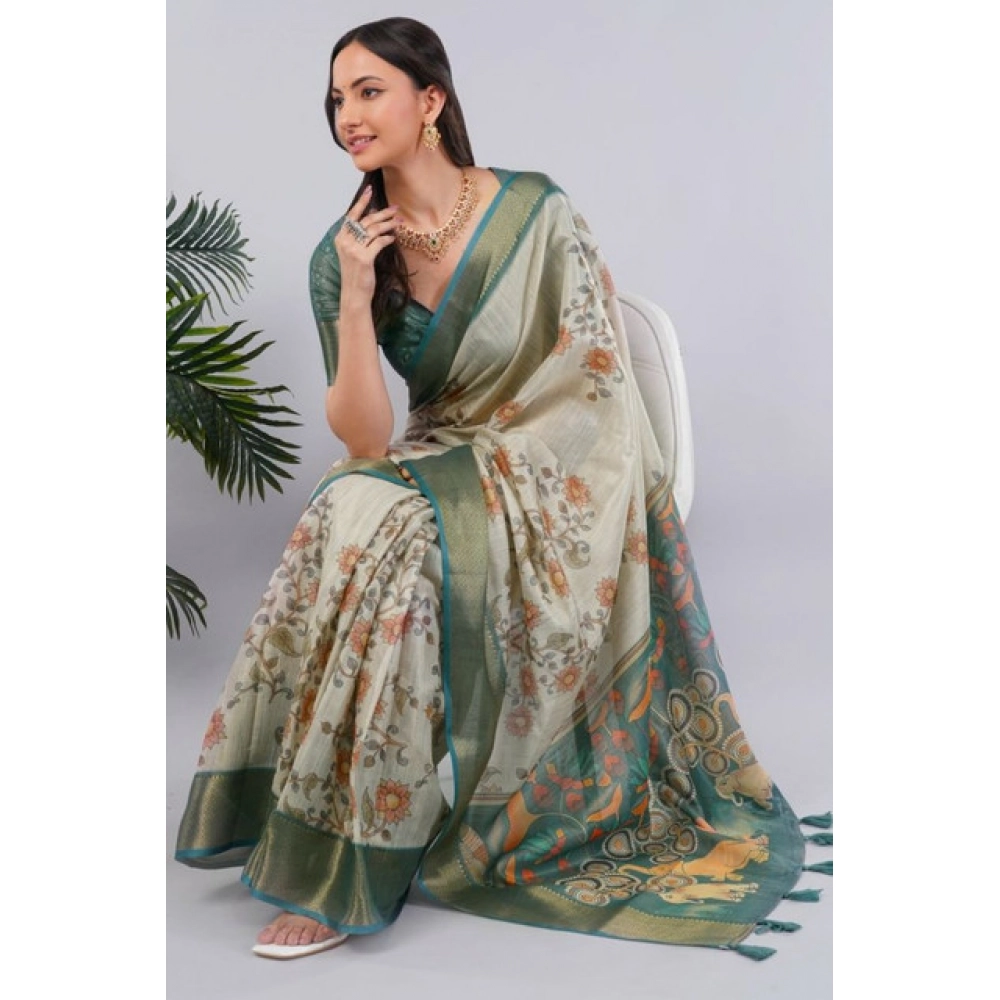 Women's Polyester Printed Ready To Wear Saree With Unstitched Blouse 5.5 Mtr (Beige)