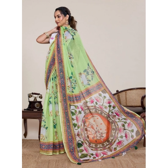 Generic Women's Linen Floral Printed Saree With Unstitched Blouse 5.5Mtr (Light Green) Generic Women's Linen Floral Printed Saree With Unstitched Blouse 5.5Mtr (Light Green)