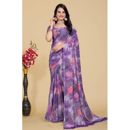 Generic Women's Georgette Printed Saree With Unstitched Blouse 5.5Mtr (Purple-Pink)