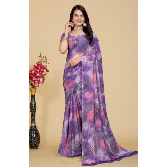 Generic Women's Georgette Printed Saree With Unstitched Blouse 5.5Mtr (Purple-Pink)