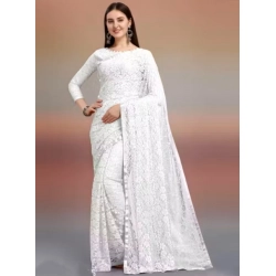 Generic Women's Net Self Design Saree With Unstitched Blouse 5.5Mtr (White)