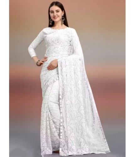 Generic Women's Net Self Design Saree With Unstitched Blouse 5.5Mtr (White)