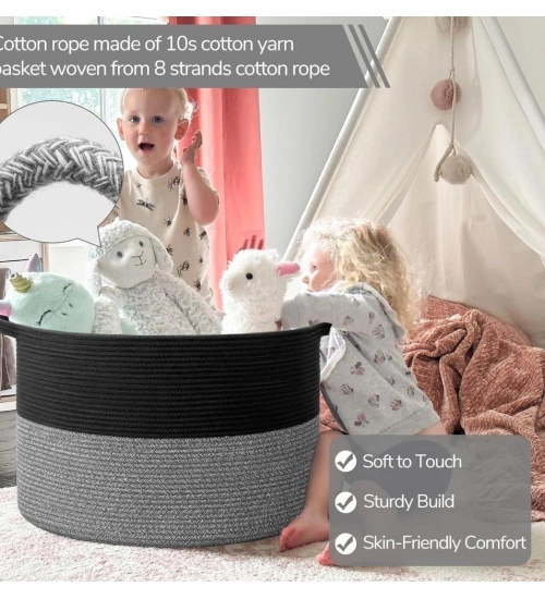 Generic Cotton Pack Of_1 16x14 Inch Storage Basket For Clothes With Out Lid (Black-Black-Kidi)