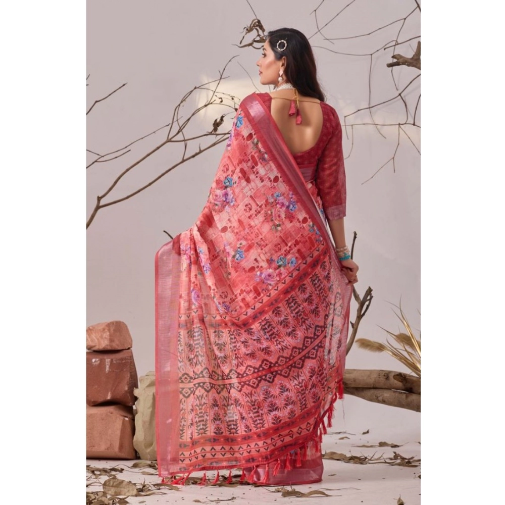 Generic Women's Faux_Linen Printed Saree With Unstitched Blouse 5.5Mtr (Rose)