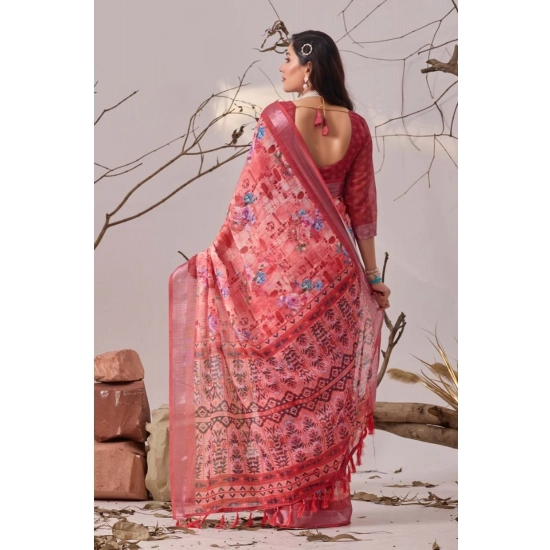 Generic Women's Faux_Linen Printed Saree With Unstitched Blouse 5.5Mtr (Rose)