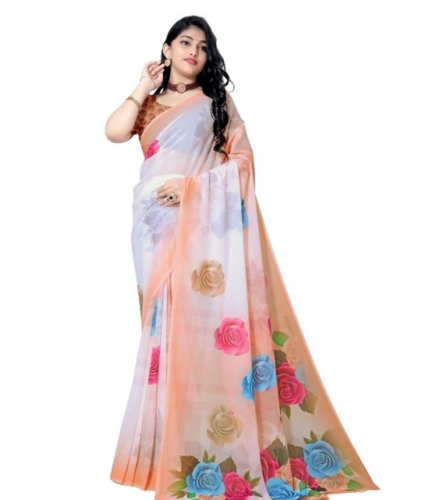 Generic Women's Georgette Floral Printed Saree With Unstitched Blouse 5.5Mtr (Orange)