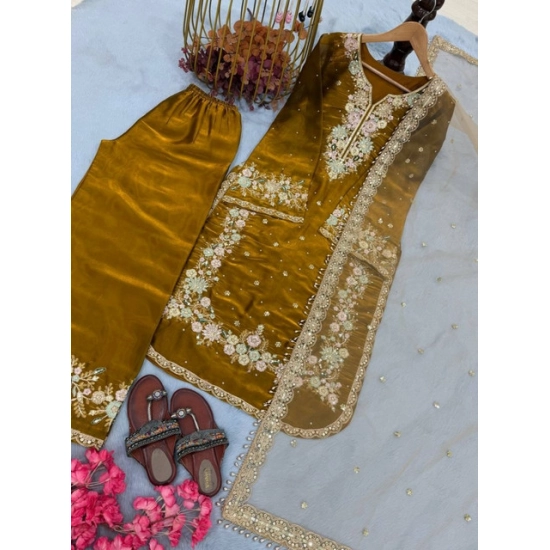 Generic Women's Silk Embroidered 3/4th Sleeve Round Kurti With Palazzo Pant and Dupatta Set (Gold) Generic Women's Silk Embroidered 3/4th Sleeve Round Kurti With Palazzo Pant and Dupatta Set (Gold)