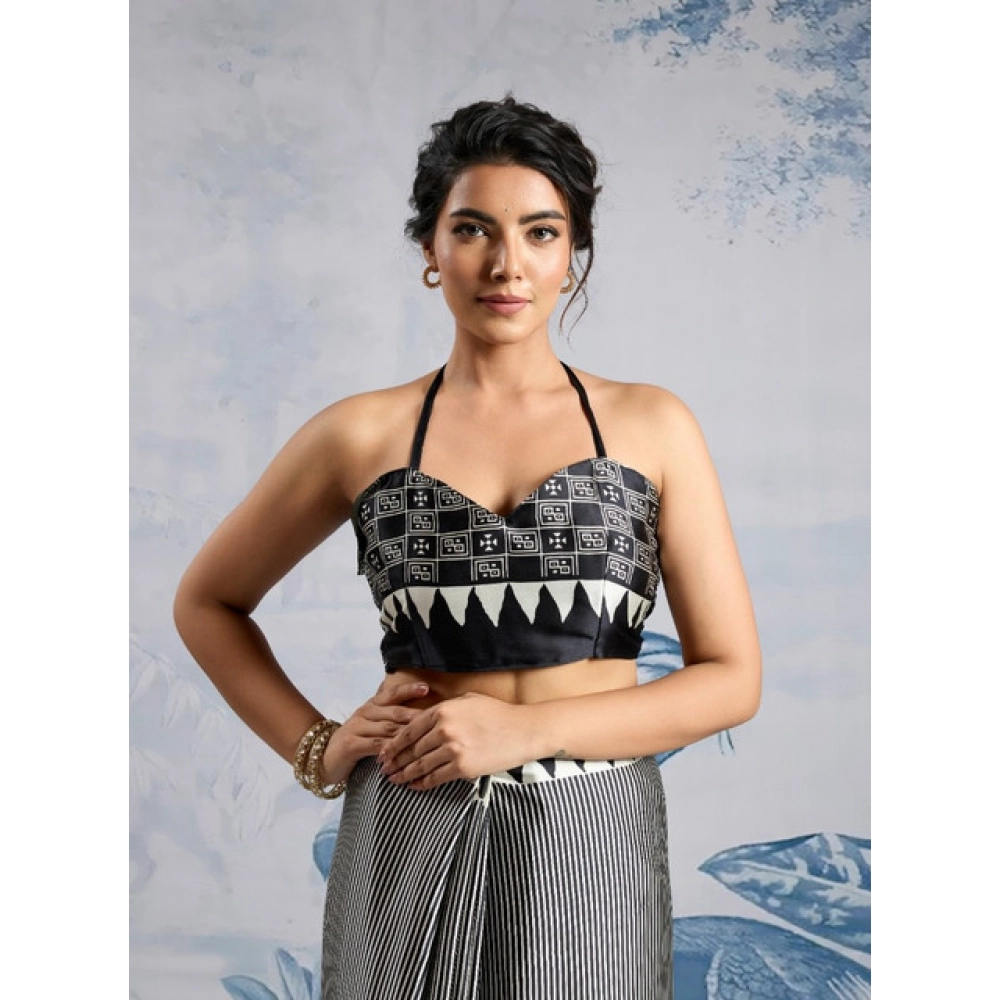 Generic Women's Satin Crepe Printed Saree With Unstitched Blouse 5.5Mtr (Black)