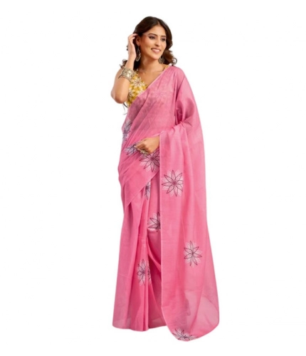 Generic Women's Faux Linen Floral Print Ready to wear Saree With Unstitched Blouse 5.5Mtr (Pink)