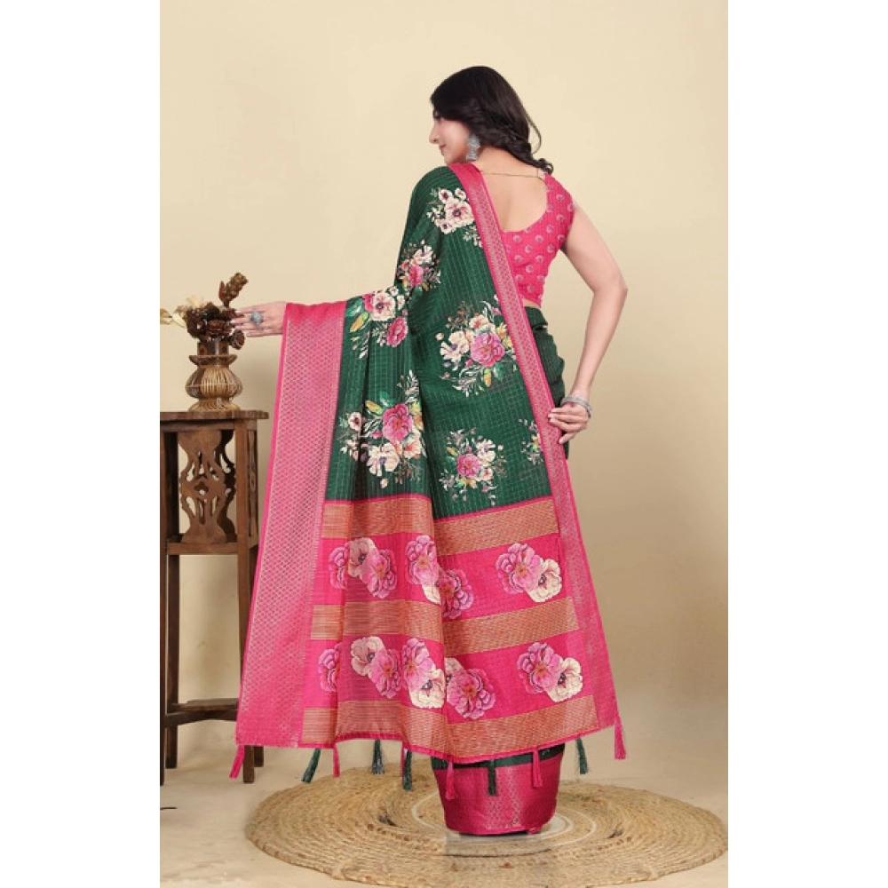 Women's Cotton Blend Floral Printed Saree With Unstitched Blouse 5.5Mtr (Green)