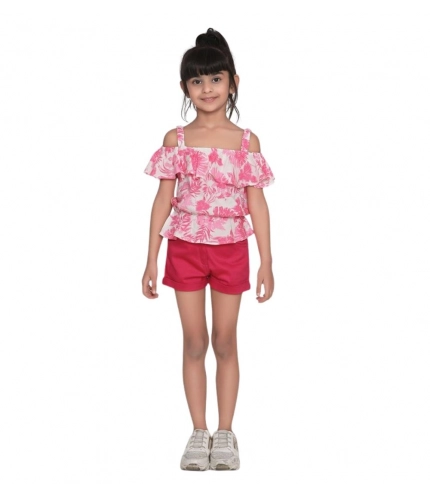 Generic Girl's Cotton Floral Cold Shoulder Top and Shorts Set (Pink-Red)