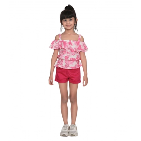 Generic Girl's Cotton Floral Cold Shoulder Top and Shorts Set (Pink-Red) Generic Girl's Cotton Floral Cold Shoulder Top and Shorts Set (Pink-Red)