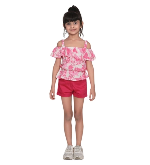 Generic Girl's Cotton Floral Cold Shoulder Top and Shorts Set (Pink-Red) Generic Girl's Cotton Floral Cold Shoulder Top and Shorts Set (Pink-Red)