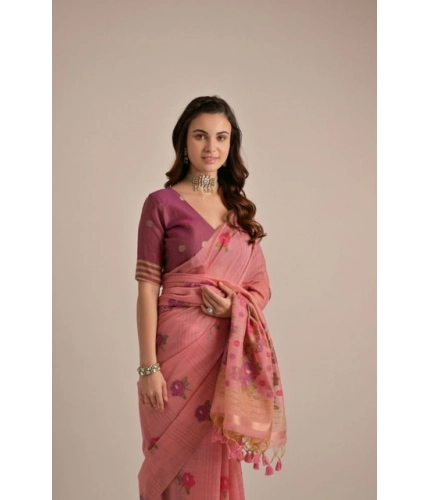 Generic Women's Blended_Cotton Floral Motifs And Woven Buttas Saree With Unstitched Blouse 5.5Mtr (Pink)