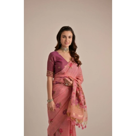 Women's Blended_Cotton Floral Motifs And Woven Buttas Saree With Unstitched Blouse 5.5Mtr (Pink)
