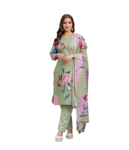 Generic Women's Cotton Blend Printed Kurti With Pant Dupatta Set (Mehendi)