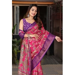 Generic Women's Cotton Silk Floral Printed Saree With Unstitched Blouse 5.5Mtr (Pink-Purple)