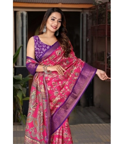 Generic Women's Cotton Silk Floral Printed Saree With Unstitched Blouse 5.5Mtr (Pink-Purple)
