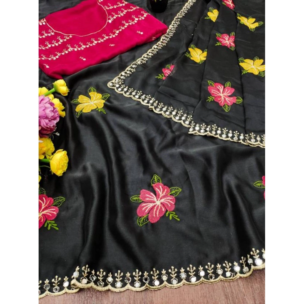 Generic Women's Georgette Embellished Saree With Unstitched Blouse 5.5Mtr�(Black)