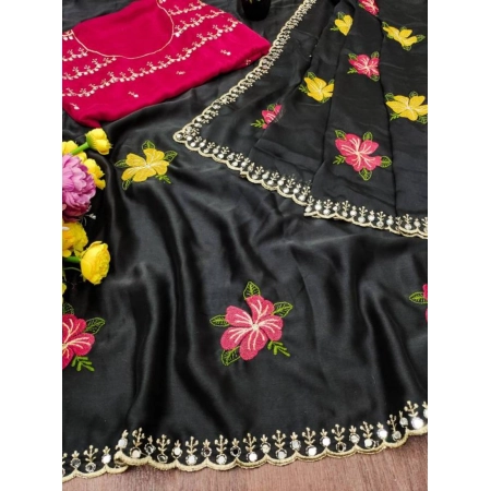 Generic Women's Georgette Embellished Saree With Unstitched Blouse 5.5Mtr (Black)