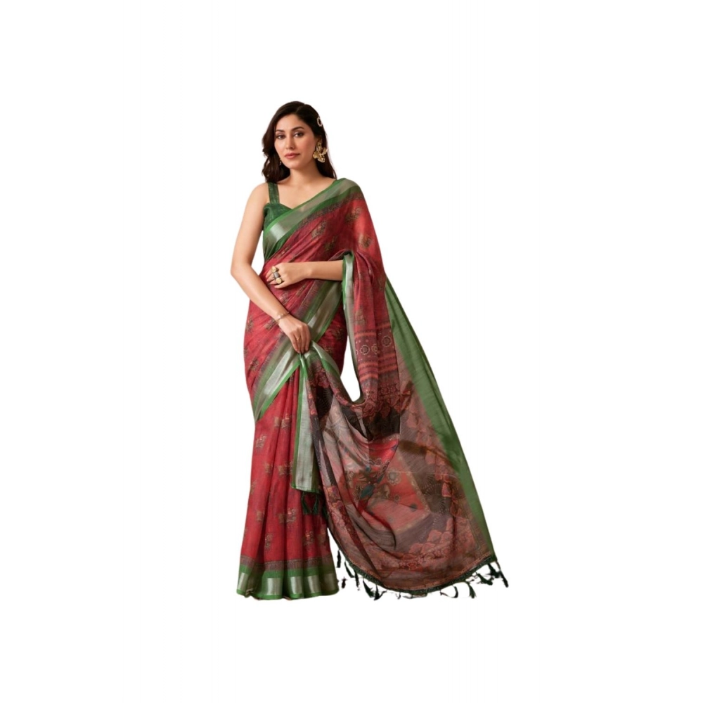Generic Women's Faux_Linen Printed Saree With Unstitched Blouse 5.5Mtr (Maroon)