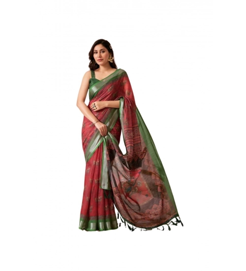 Generic Women's Faux_Linen Printed Saree With Unstitched Blouse 5.5Mtr (Maroon)