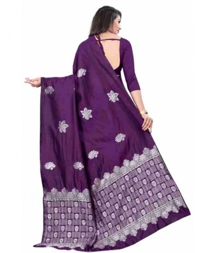 Generic Women's Soft Lichi Silk Printed Saree With Unstitched Blouse 5.5Mtr (Purple)