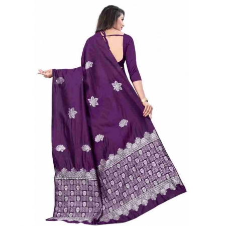 Generic Women's Soft Lichi Silk Printed Saree With Unstitched Blouse 5.5Mtr (Purple)