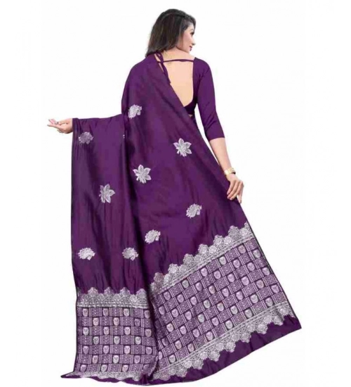Generic Women's Soft Lichi Silk Printed Saree With Unstitched Blouse 5.5Mtr (Purple)