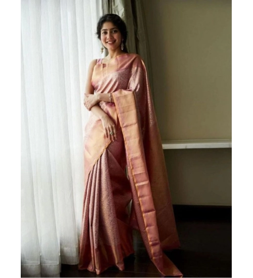 Generic Women's Litchi silk Printed Saree With Unstitched Blouse (Light Pink)