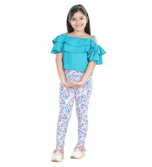 Generic Girl's Cotton Floral Elasticated Jegging and Top Set (Turquoise Blue) Generic Girl's Cotton Floral Elasticated Jegging and Top Set (Turquoise Blue)