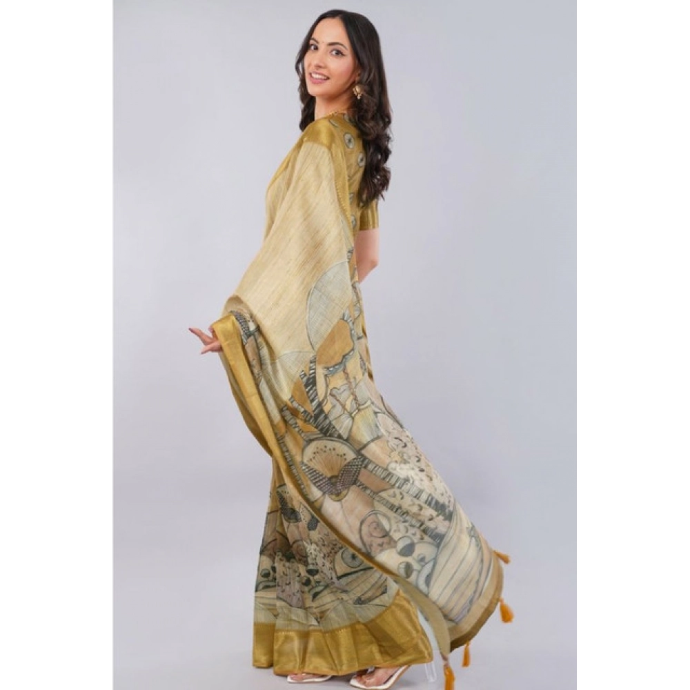 Women's Polyester Printed Ready To Wear Saree With Unstitched Blouse 5.5 Mtr (Gold)