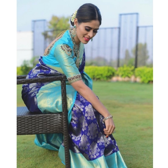 Generic Women's Soft Litchi Silk Jacquard Work Saree With Unstitched Blouse 5.5Mtr (Blue) Generic Women's Soft Litchi Silk Jacquard Work Saree With Unstitched Blouse 5.5Mtr (Blue)