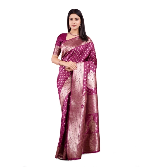 Generic Women's Banarasi Silk Printed Saree With Unstitched Blouse 5.5Mtr (Wine)