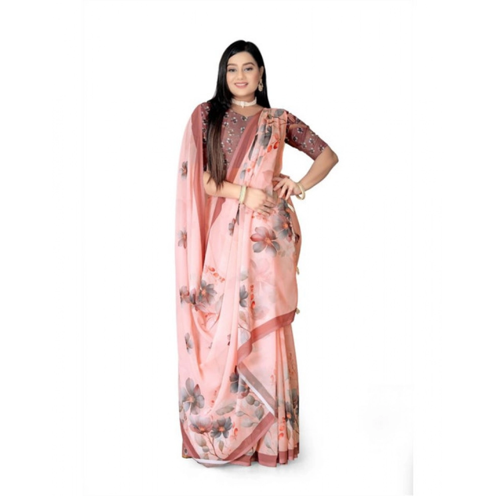 Women's Georgette Floral Printed Saree With Unstitched Blouse 5.5Mtr (Peach)