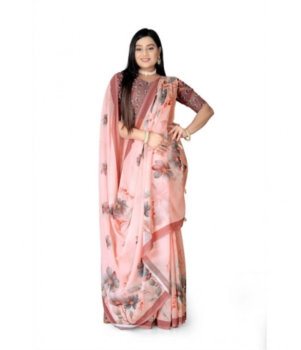 Generic Women's Georgette Floral Printed Saree With Unstitched Blouse 5.5Mtr (Peach)