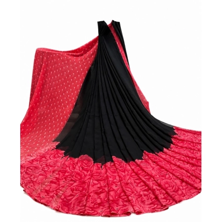 Generic Women's Georgette Printed Saree With Unstitched Blouse 5.5Mtr (Black-Dark Pink)