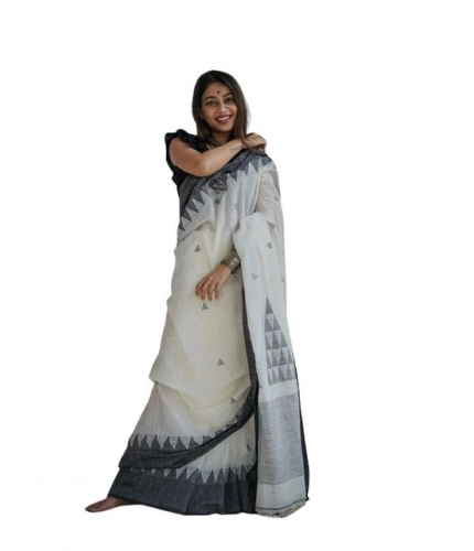 Generic Women's Soft Lilan Printed Saree With Unstitched Blouse 5.5Mtr (White-Black)