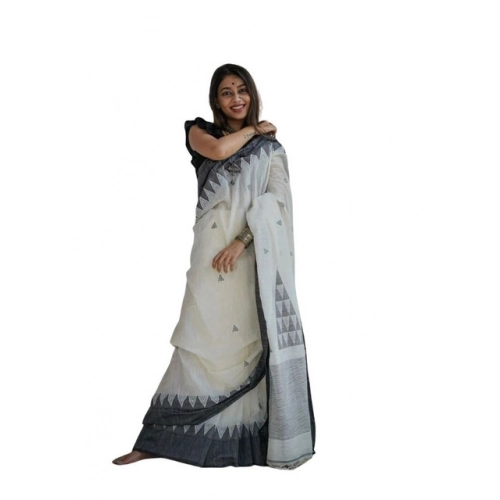 Generic Women's Soft Lilan Printed Saree With Unstitched Blouse 5.5Mtr (White-Black)