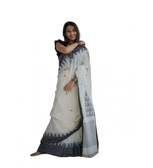 Generic Women's Soft Lilan Printed Saree With Unstitched Blouse 5.5Mtr (White-Black)