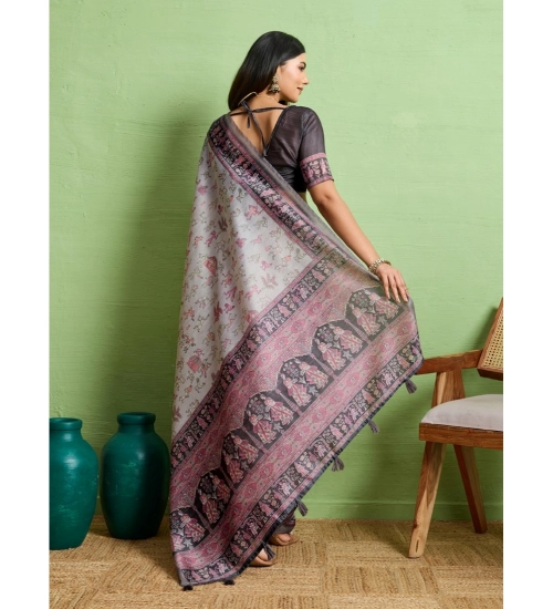 Generic Women's Silk Blend Printed Saree With Unstitched Blouse 5.5Mtr (Grey)