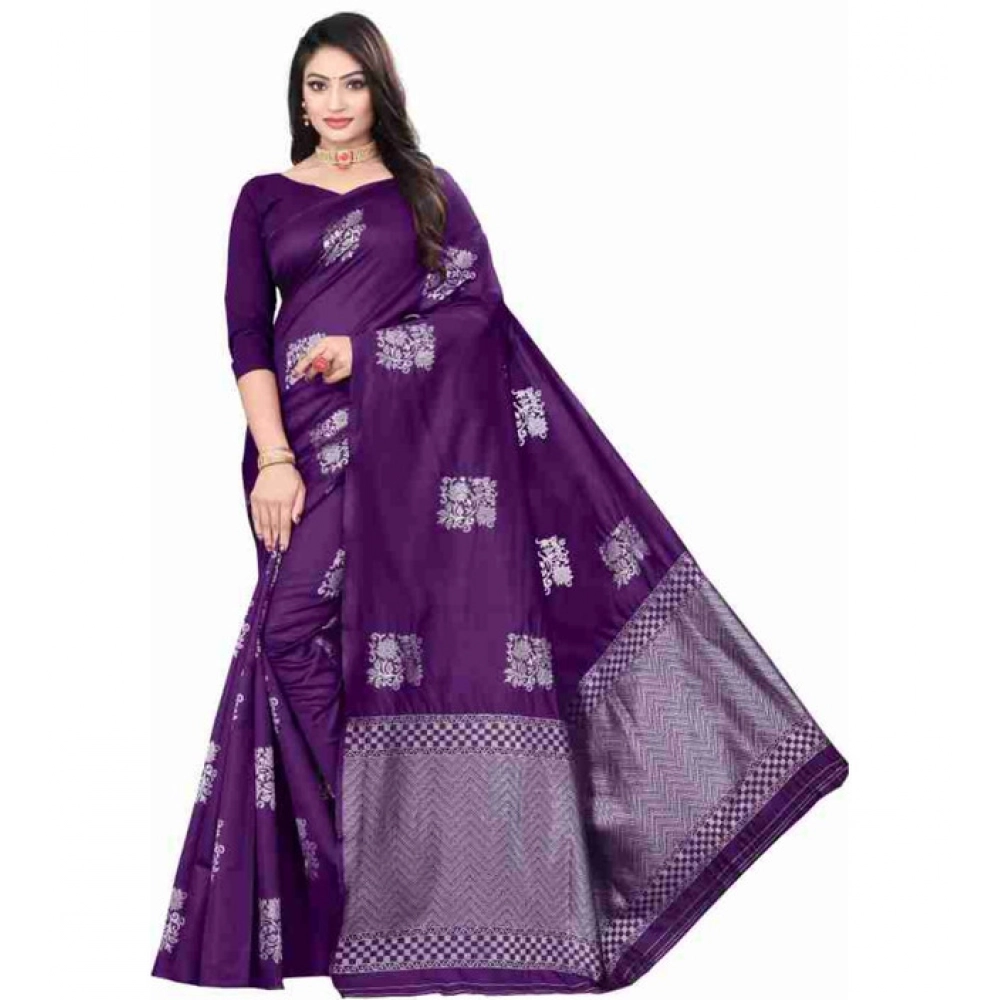 Generic Women's Soft Lichi Silk Printed Saree With Unstitched Blouse 5.5Mtr (Purple)