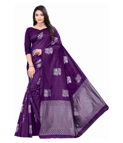 Generic Women's Soft Lichi Silk Printed Saree With Unstitched Blouse 5.5Mtr (Purple)