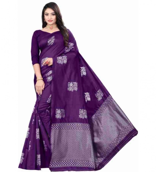 Generic Women's Soft Lichi Silk Printed Saree With Unstitched Blouse 5.5Mtr (Purple)